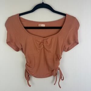 WHOIAM Womens Short Sleeve Sweetheart Neckline Ruched Crop Peach Blouse Small